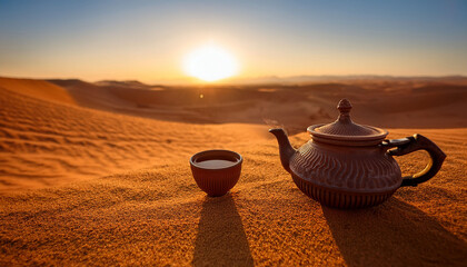 Oriental Teapot And Cup In Desert At Sunset Tea Preparation On Sand Generative Ai