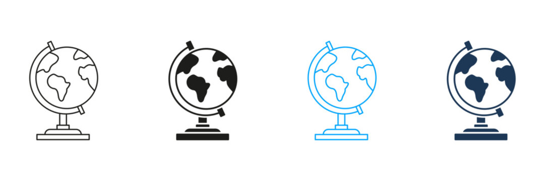 Globe Line And Solid Icon Set. Global Education, Geography Learning, And World Exploration Symbol Collection. Earth Representation For Academic And Travel Use. Isolated Vector Illustration