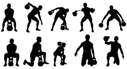 Dynamic kettlebell workout silhouettes showcase strength, fitness, and determination for athletic branding and fitness promotions, inspiring wellness journeys
