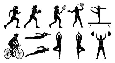 Diverse women's fitness silhouettes showcase strength, agility, and wellness for dynamic lifestyle campepsgns and motivational health content creation today