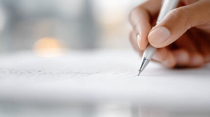 Close-up of a person's hand holding a silver pen and writing on a piece of paper. the hand is positioned in a way that the pen is pointing towards the right side of the image.