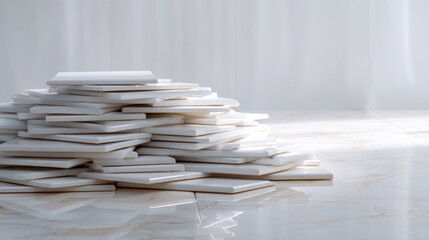 Stack of white tiles arranged in a pyramid-like structure on a white marble floor.