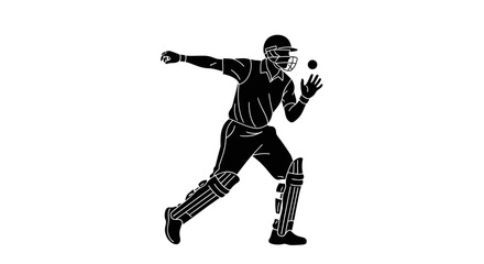 Dynamic monochrome silhouette of a cricket fielder making a catch, showcasing athleticism and skill for sports marketing and team branding visuals