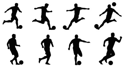 Captivating collection of soccer player silhouettes in dynamic action poses, perfect for sports branding, athletic events, and team promotions.
