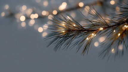 Close-up of a branch of a pine tree. the branch is in focus, while the background is blurred, creating a bokeh effect.