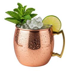 Moscow mule in copper mug with lime and mint isolated on transparent background