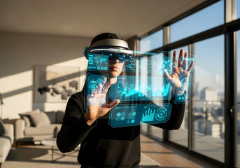 Man using virtual reality interface with data visualization in modern home setting.