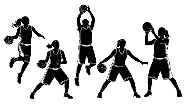 Dynamic silhouettes of determined female basketball players in action, showcasing teamwork, skill, and fierce competitive spirit during intense game