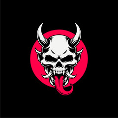Fototapeta premium A stylized illustration of a demonic skull with horns, a long tongue, and a red circle backdrop against a black background.