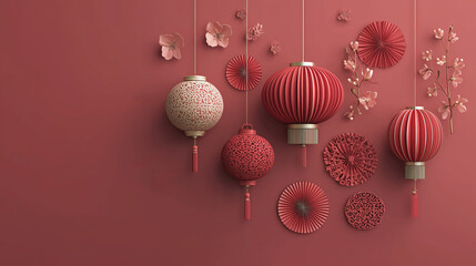 Fototapeta premium Red paper lanterns and festive decorations on red background