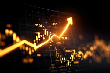 Bright, glowing upward trend line on a dark financial chart