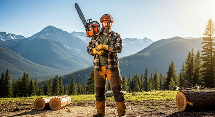 Confident Professional Logger with Chainsaw Posing in Majestic Mountain Landscape
A confident, professional logger with a beard is standing proudly, holding a chainsaw resting on his shoulder