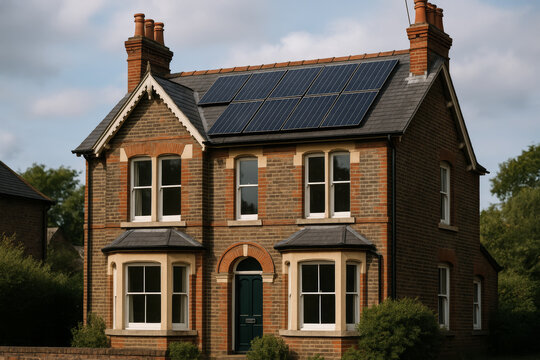 Victorian style detached UK house with solar panels on roof