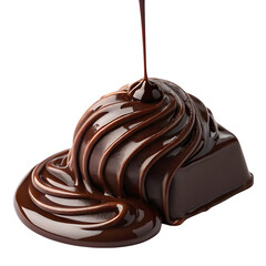 Rich dark chocolate being poured and drizzled over a piece of chocolate isolated on transparent background
