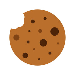 Chocolate chip cookie icon. Abstract bitten chocolate chip cookie print flat cartoon style, simple geometric element sweet bakery concept. Vector illustration