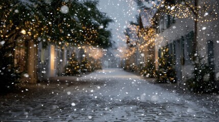 Photograph of a snowy street at night. the street is lined with trees on both sides, and the buildings on the left and right sides are covered in christmas lights.
