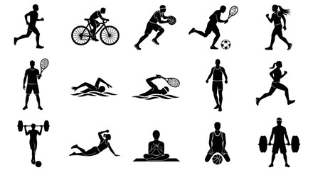 Dynamic silhouettes of various sports activities like running, cycling, swimming, and weightlifting, perfect for fitness and wellness concepts