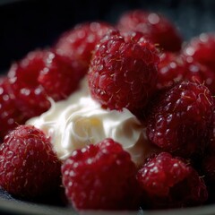 Close-up of a bowl of fresh raspberries with a dollop of whipped cream on top. the berries are bright red and appear to be ripe and juicy.