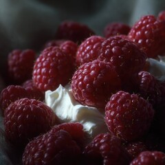 Close-up of a pile of fresh raspberries. the berries are bright red in color and appear to be ripe and juicy. they are arranged in a circular pattern, with some overlapping each other.