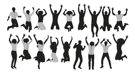 Dynamic silhouettes of diverse people celebrating success, joy, and freedom with arms repssed in a collective jump