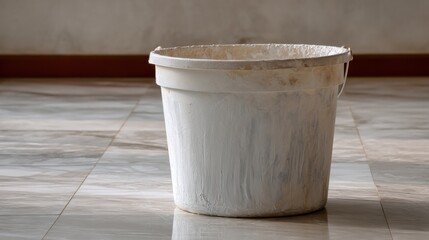 White plastic bucket with a handle on top. the bucket is sitting on a tiled floor with a white wall in the background. the floor appears to be made of light-colored tiles, and the bucket is empty.