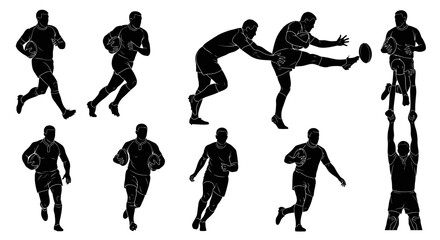 Dynamic rugby players in action silhouettes demonstrating speed, power, and teamwork during a competitive match, perfect for sports branding