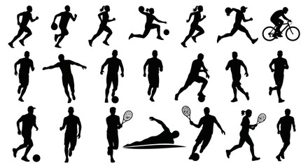 Dynamic silhouettes of various athletes engaged in sports like running, soccer, tennis, and cycling, perfect for fitness promotions