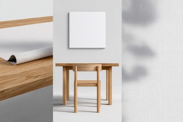 Light-filled room, mock-up canvas, wooden table, and chair