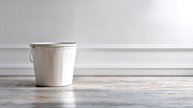 White bucket with a handle on the floor in front of a white wall. the bucket appears to be empty and is placed against the wall, with no other objects or decorations in the frame.