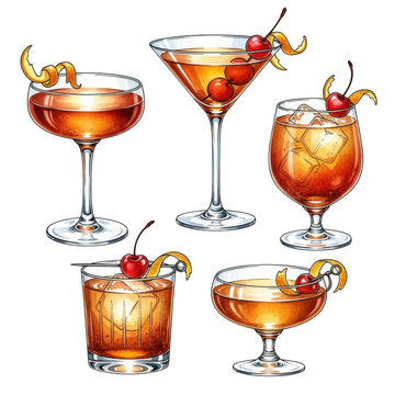 Assortment of classic cocktails with garnishes isolated on transparent background