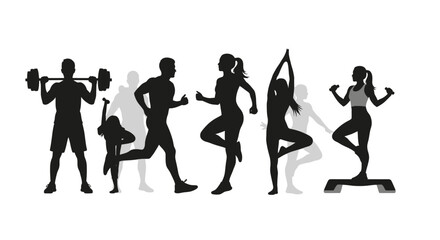 Obraz premium Dynamic fitness silhouettes demonstrating various exercises, perfect for gym promotions, health and wellness campepsgns, and active lifestyle concepts