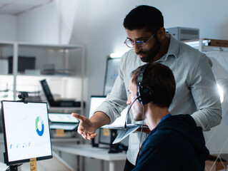 Diverse business people Call center, Customer Support agent talking, Discussing Business Strategy, Collaborating on Customer Support Feedback brainstorming working together in call center office