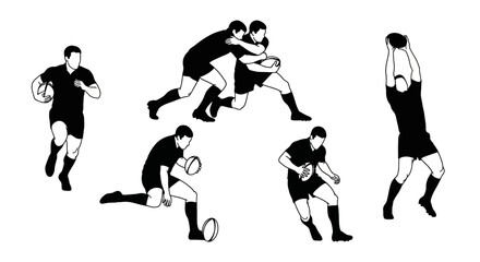Dynamic rugby players in action illustrated in black and white, perfect for sports branding and athletic designs