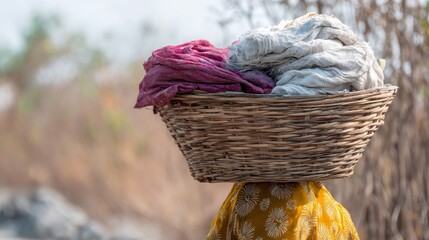 Person carrying a woven basket on their head. the basket is made of light-colored wood and has a handle on top.