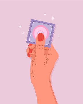 Female hand holding condom package. Concept of contraception method, protection against infections and unwanted pregnancy. Birth control, safe sex concept. Hand drawn cartoon illustration