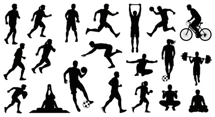 Dynamic silhouettes of people engaged in various sports and fitness activities, perfect for health, wellness, and active lifestyle projects