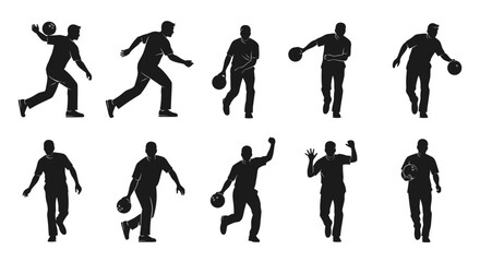 Dynamic bowling silhouettes perfect for sports branding, advertising, and designs needing action-packed visuals, offering a sense of movement and competition.