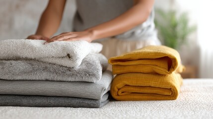 Stack of folded towels on a bed. the towels are neatly folded and stacked on top of each other. the person's hands are visible, holding one of the towels.