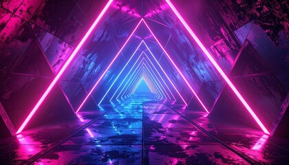 Abstract triangular patterns forming a futuristic tunnel, glowing neon edges