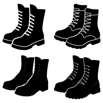 Four pairs of black combat boots with different lacing styles arranged on a white background design