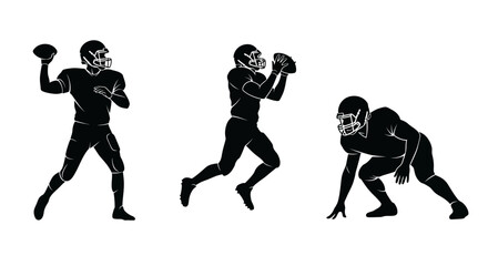 Dynamic American football players in action, silhouettes depicting throwing, catching, and stance on white background