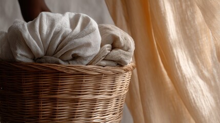 Wicker basket filled with folded white towels. the basket is placed on a window sill, with a beige curtain visible on the right side of the image.