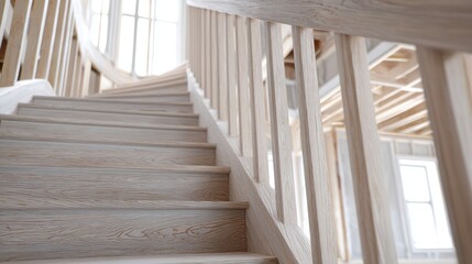 Close-up of a wooden staircase in a modern house. the staircase is made of light-colored wood and has a wooden handrail on the right side.