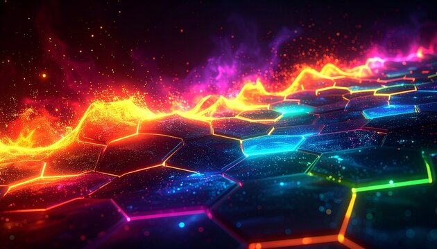Hexagonal grid glowing with vibrant colors, abstract digital aesthetic