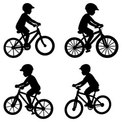 Four silhouettes of children riding bicycles with helmets and caps in a repeating pattern design element
