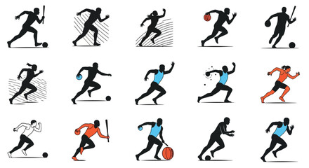 Dynamic athletes in motion capturing diverse sports actions with energetic silhouettes and vibrant athletic gear