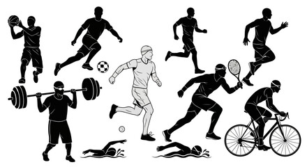 Dynamic athletes engage in various sports like basketball, weightlifting, running, tennis, swimming, and cycling showcasing peak physical activity and health