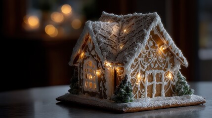 The image is of a small gingerbread house on a wooden table. the house is covered in white icing and has a sloping roof with small windows and a chimney.