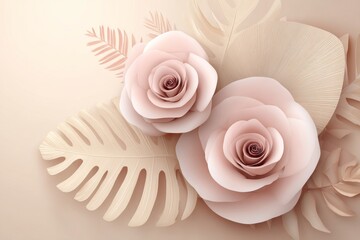 A 3D floral wallpaper is created with a composition of pink roses on a beige background and additional pink roses on an abstract background