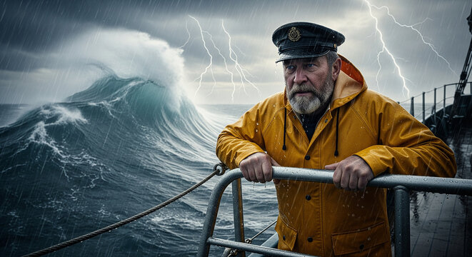 Captain's Steady Resolve Facing a Monumental Ocean Thunderstorm
A powerful, cinematic portrait of a seasoned captain or skipper in his uniform cap and bright yellow foul-weather gear
